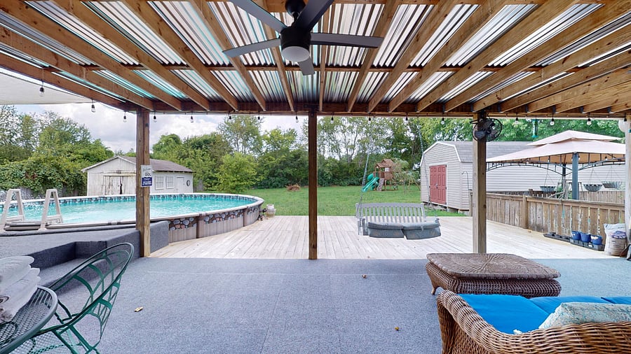 Backyard Escape! Extra Large Covered Deck, Carpeted for Comfort, Ceiling Fans, Heaters, Couch and Swing