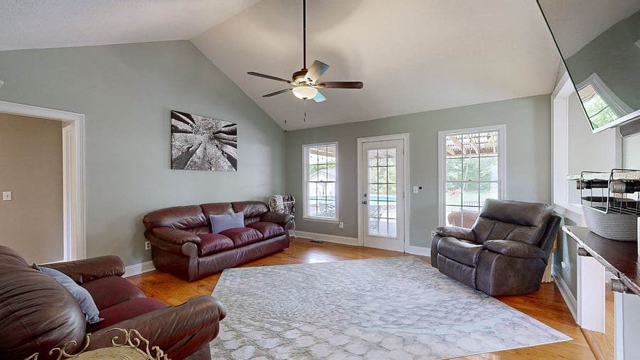 Dimmable Ceiling Fan and Comfortable Leather Couches