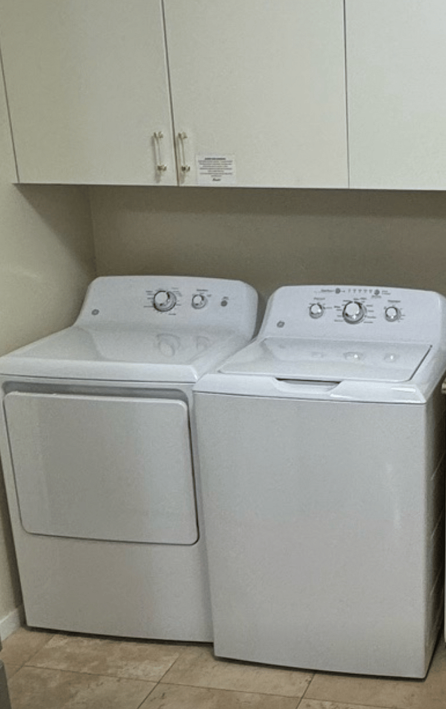 GE washer and dryer with starter laundry supplies included. 