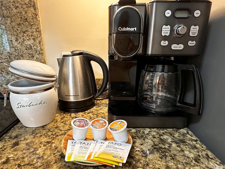 Start your morning with fresh hot or iced coffee or tea.