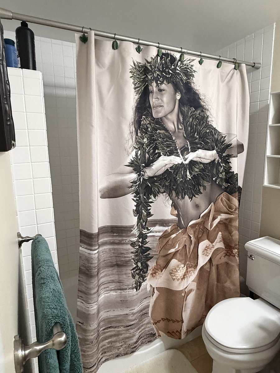 Junior suite bathroom with full tub/shower, rainfall shower head, granite countertops and hula decor.