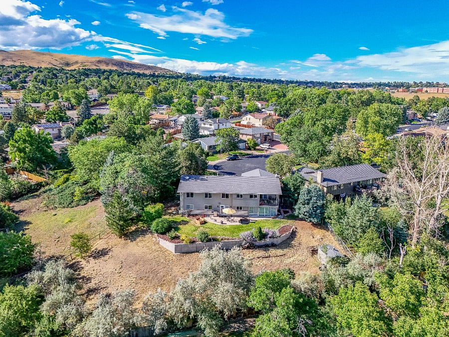 Aerial view back of house & backyard.