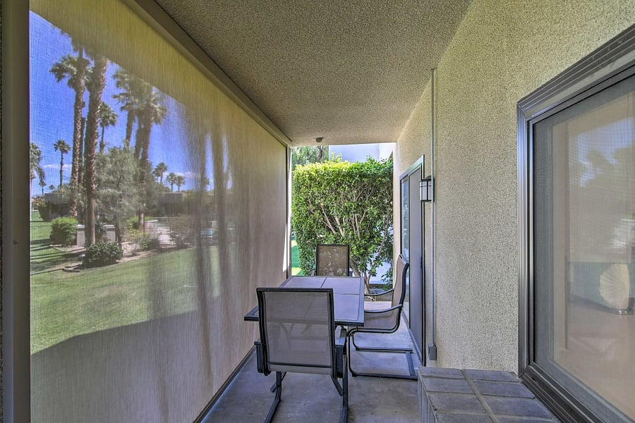 Patio with retractable shades for privacy