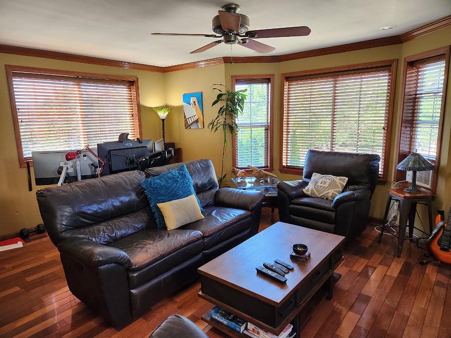 Living Room and Dedicated Workspace with 3 large monitors