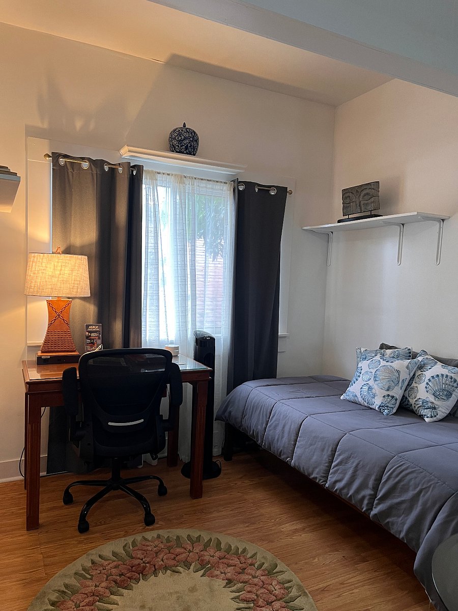 This is the A;cove where the desk with high speed internet and a twin bed. 