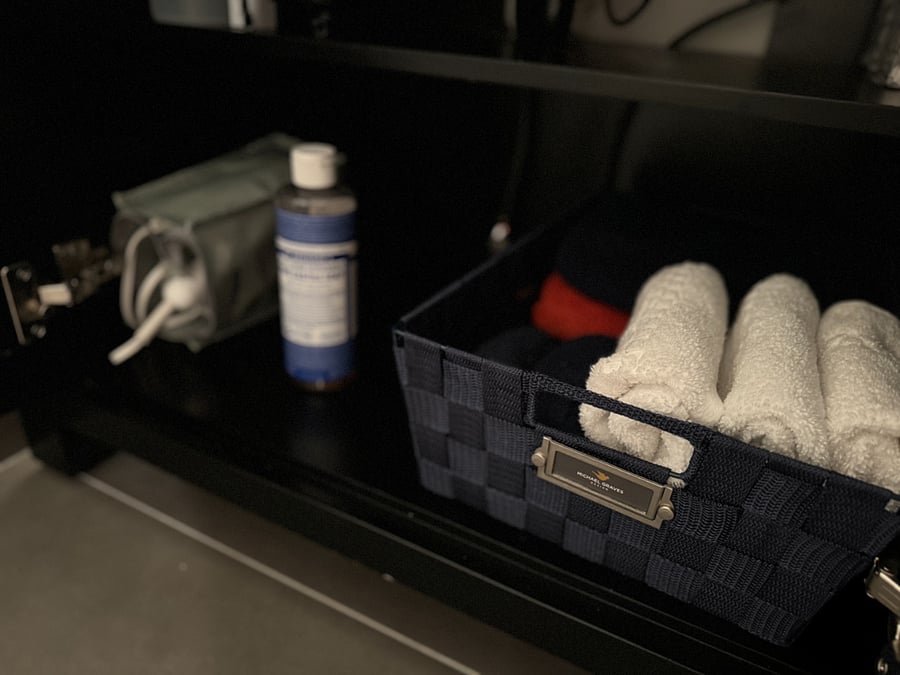 Towels, hair dryer and starter soap provided.