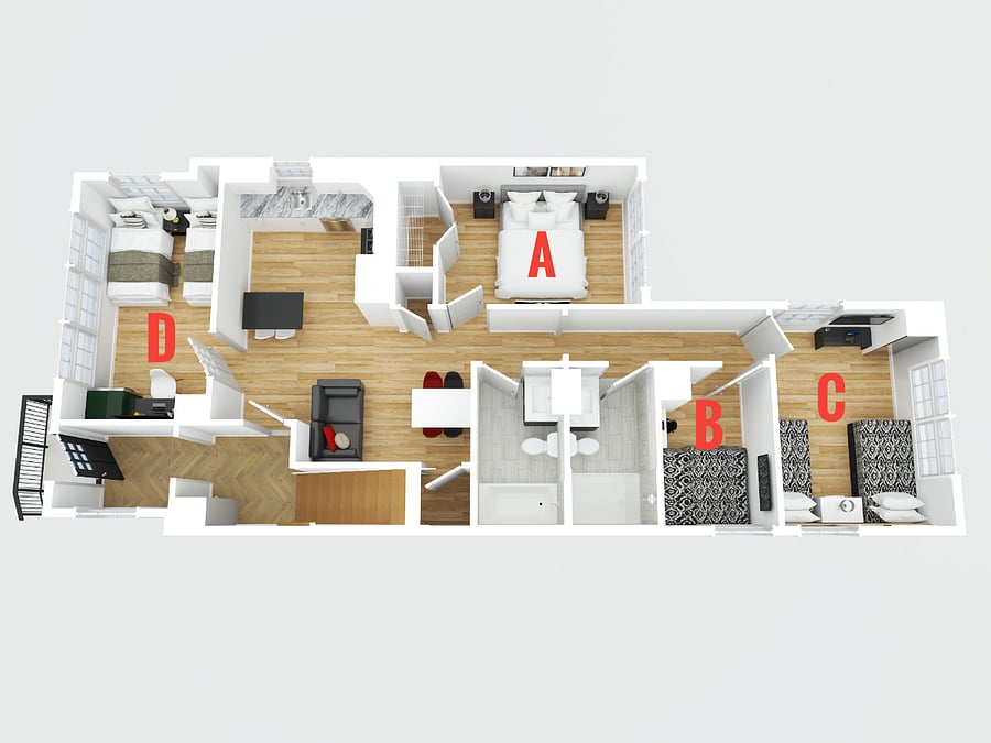 1st floor apartment floor plan. Bedroom C and D is a 120 sqft bedroom with 1 king bed or 2 twin beds.