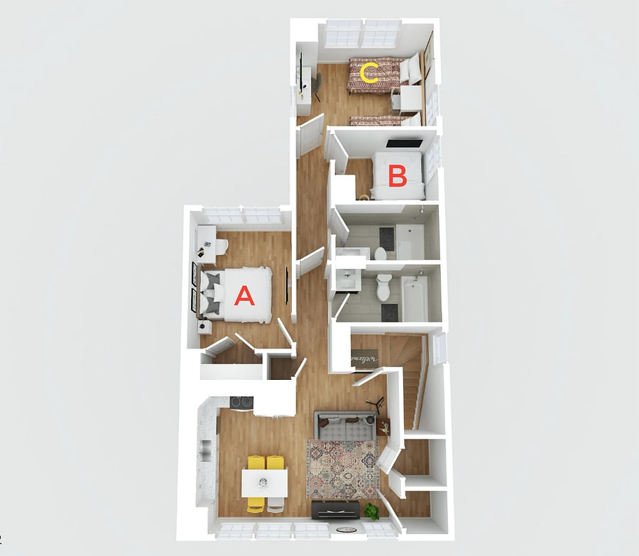 2nd floor apartment floor plan. This listing is for room B