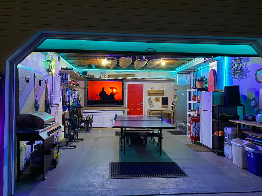 Garage with mood lighting, and outdoor 75inch TV for outdoor movies/games, Gaming System