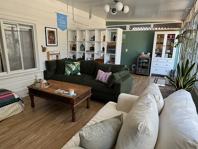 Sunroom is for primarily your use. With the exception of the back area (behind the open bookcase so I can access the backyard with the dogs). White cabinet has plates, cups and silverware for your use as well. 