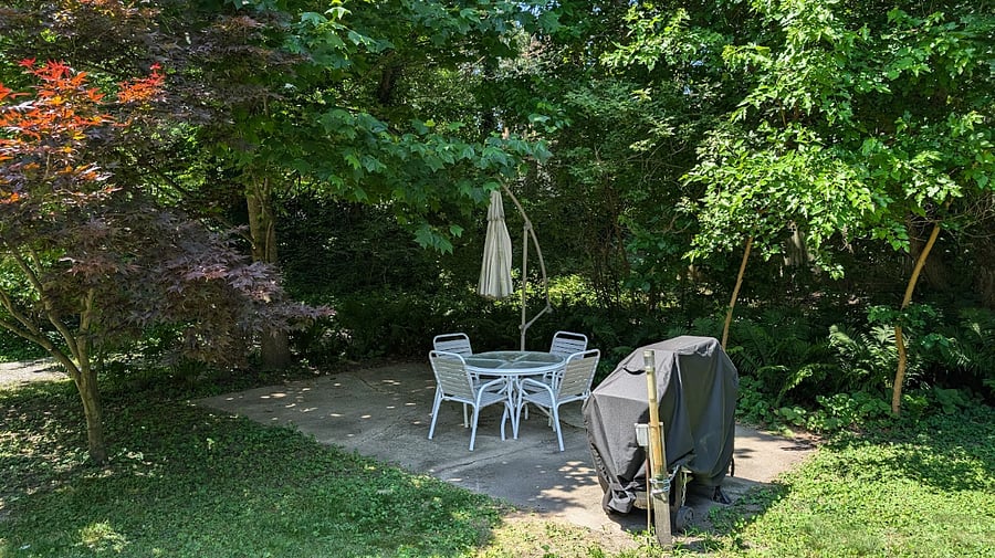 Patio in the backyard with table, chairs, grill.