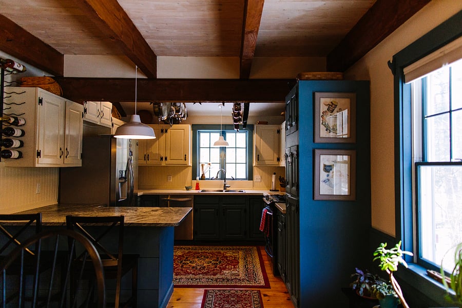 View into kitchen from dining table