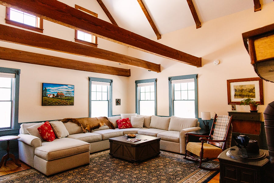 View of family room from the base of stairs leading to second floor