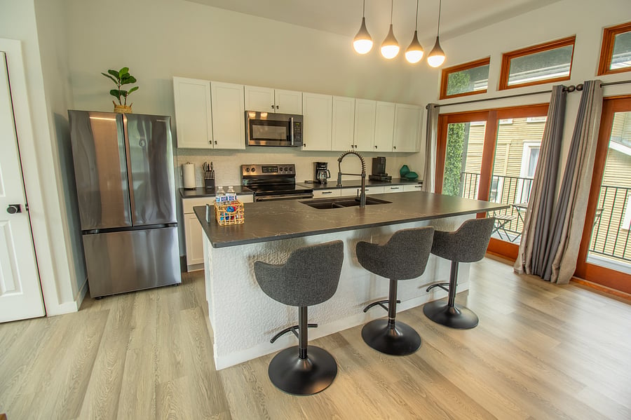 Modern appliances and everything you need to prepare meals.