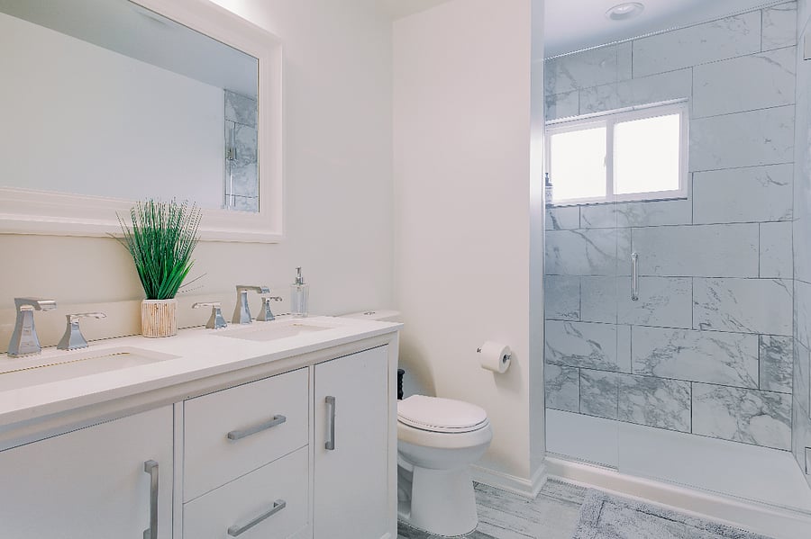 Upstairs bathroom with rain shower and double vanity