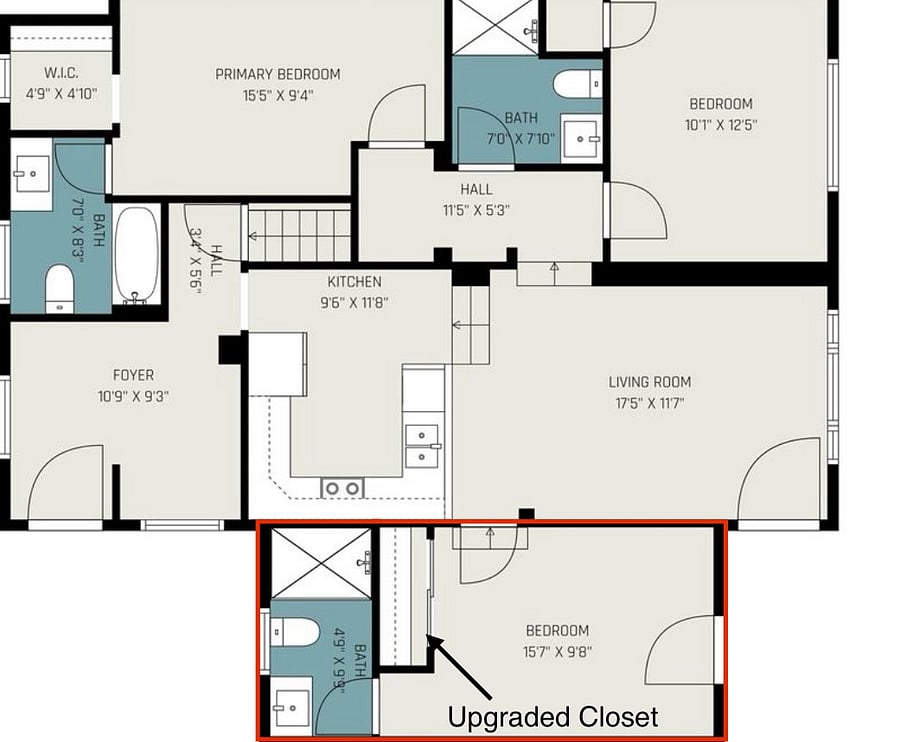Home layout. Room highlighted in red. The closet inside the room has been upgraded by Container Store. Offers more storage for clothes and personal items.