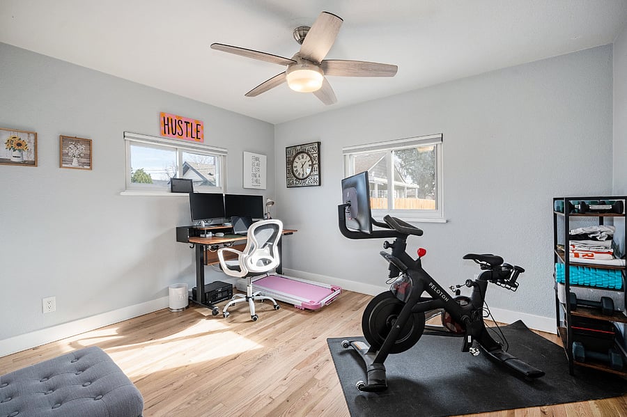 3rd bedroom. Currently set up as an office/workout room. Can be set up as a bedroom. Bathroom is right outside the door.