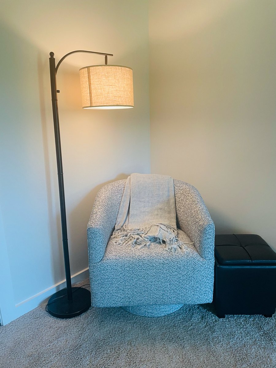 Reading nook with swivel chair.