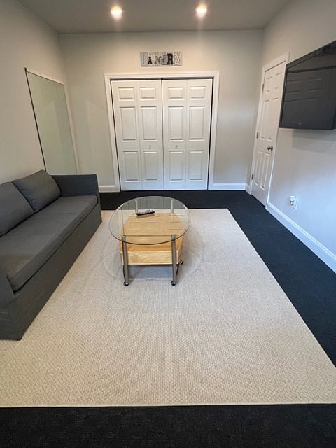 lower level, TV, couch, W/D in closet, small space for working out