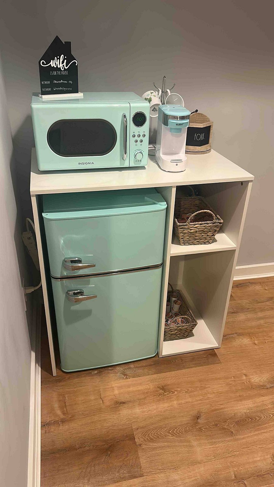 Fridge, Microwave and Coffee Maker with condiment kit.
