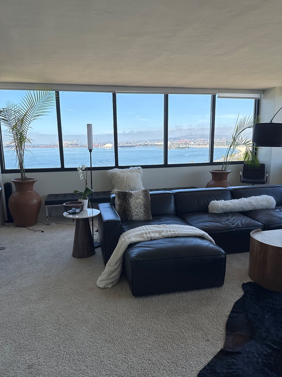 Overlooking the beach, the ocean, and the Queen Mary in the distance.