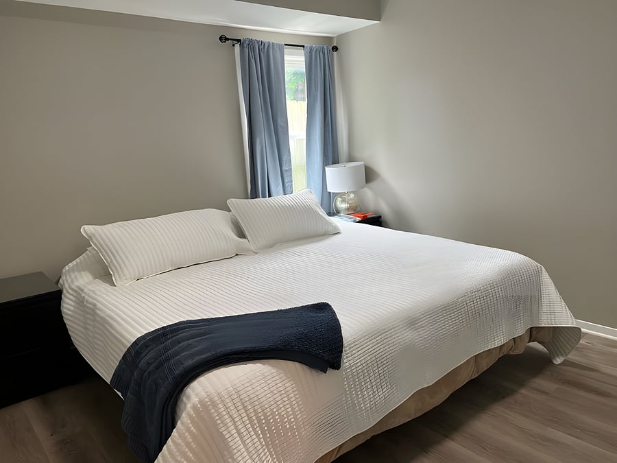 Bedroom 1: King bed; sleeps 2, TV, air conditioning, bed linens, clothing storage, hangers and heating