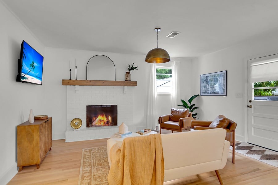 Living Room with fire place and tv