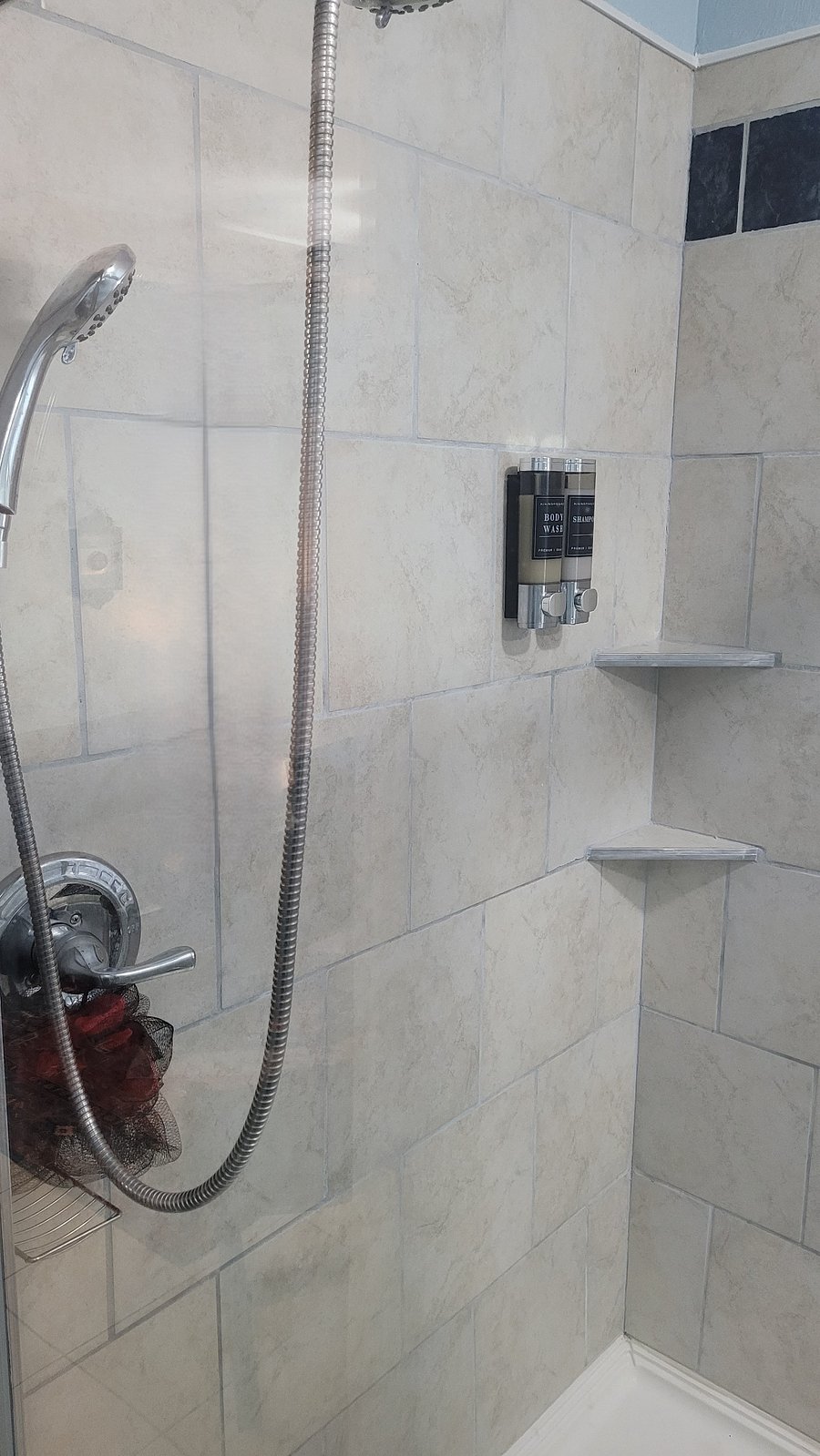 Body wash and shampoo in tiled shower with hand held sprayer and above shower head