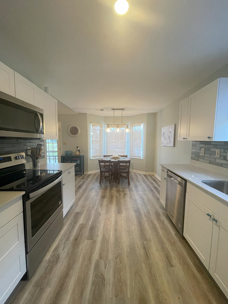 Galley style kitchen with seating for 4