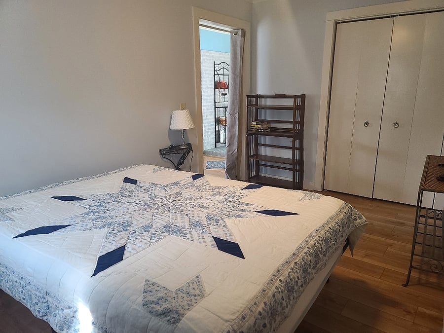 Please note that there is only a curtain at the doorway. This rental is for 1-2 people (with maybe a child or two). It affords some privacy, but understand that there is not a door to the bedroom. Closet is full sized and available for guests.