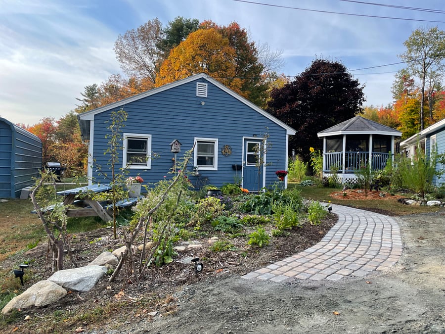 View of the front "orchard" with baby apple trees and other perennials.
