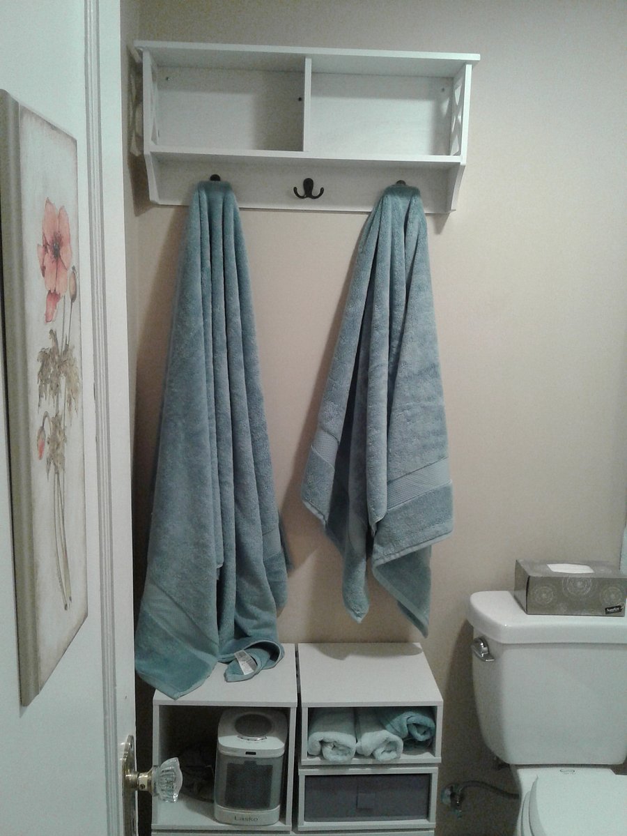 Small bathroom with plenty of room for towels and toiletries.