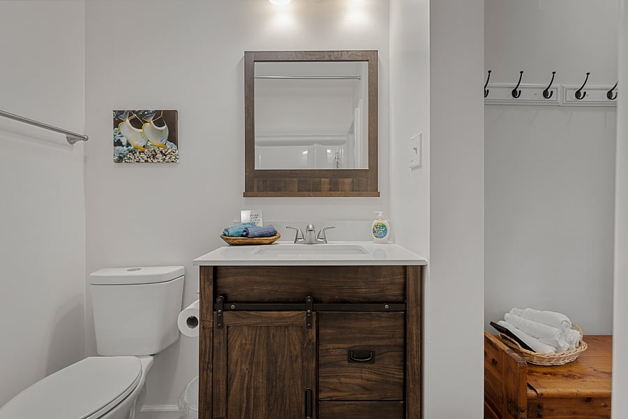 Bathroom with shower stall.