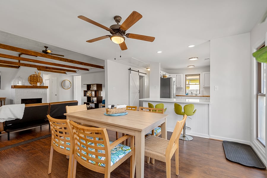 Dining room has double doors to deck.
