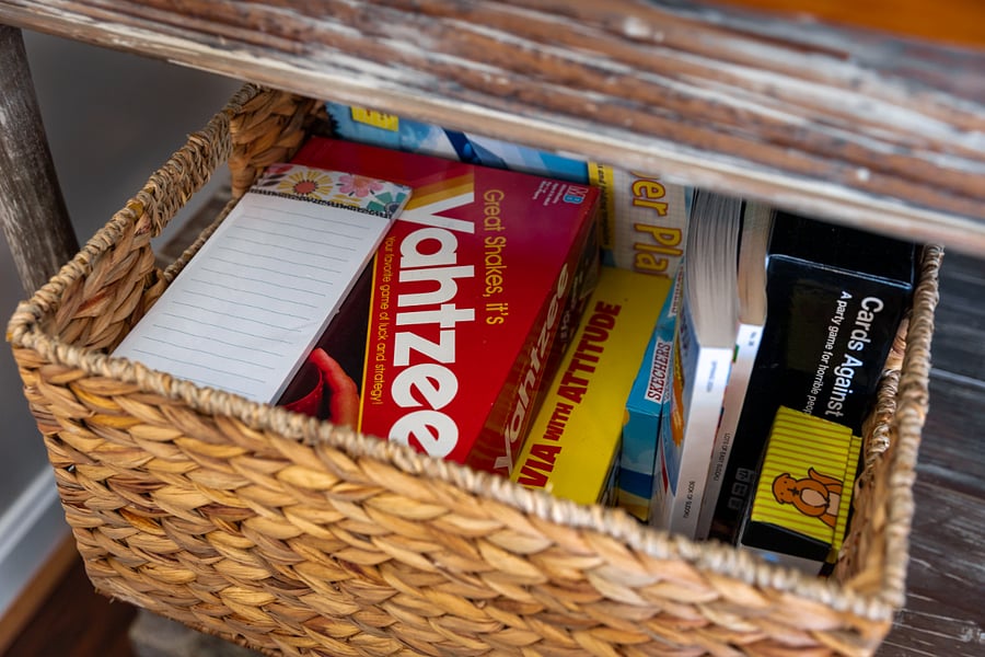 Board games, cards and numerous books for game night or to sit and relax.