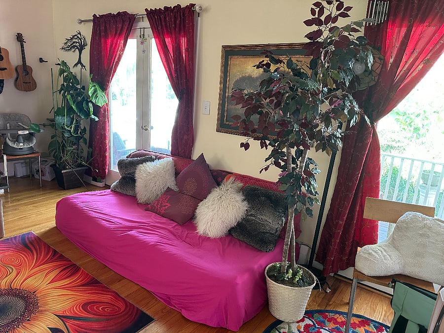 Living room area. Took one of the extensions off the couch (see other pictures) to make more room available. Can add back in if desired.