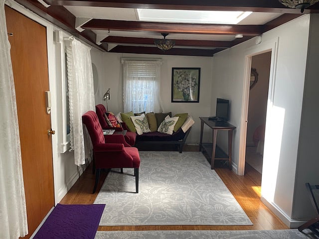 Bright, open living room with a skylight. Restoration Hardware sitting chairs and twin-sized futon couch. The television has streaming capabilities.