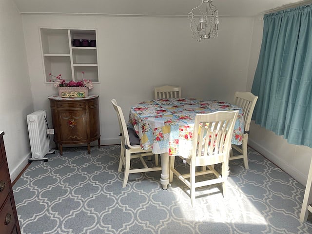 Spacious kitchen for home cooked meals with a sky light that lets in lots of sun light.