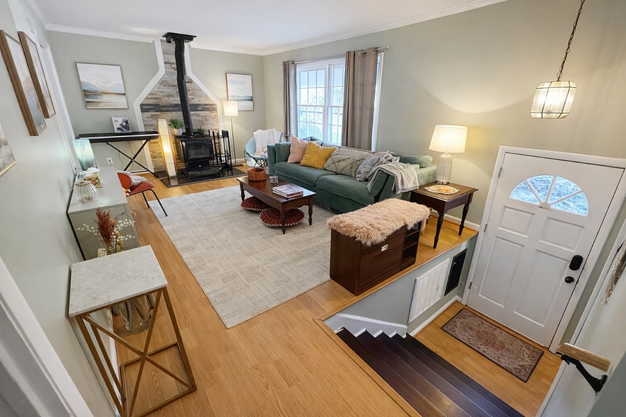 Main Floor Living Room with Wood Burning Stove and Keyboard (piano)