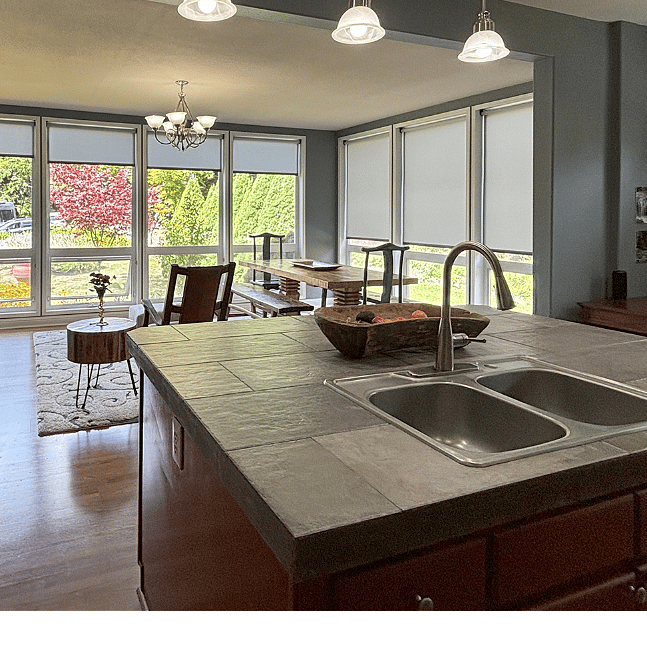 Kitchen with ceiling to floor windows