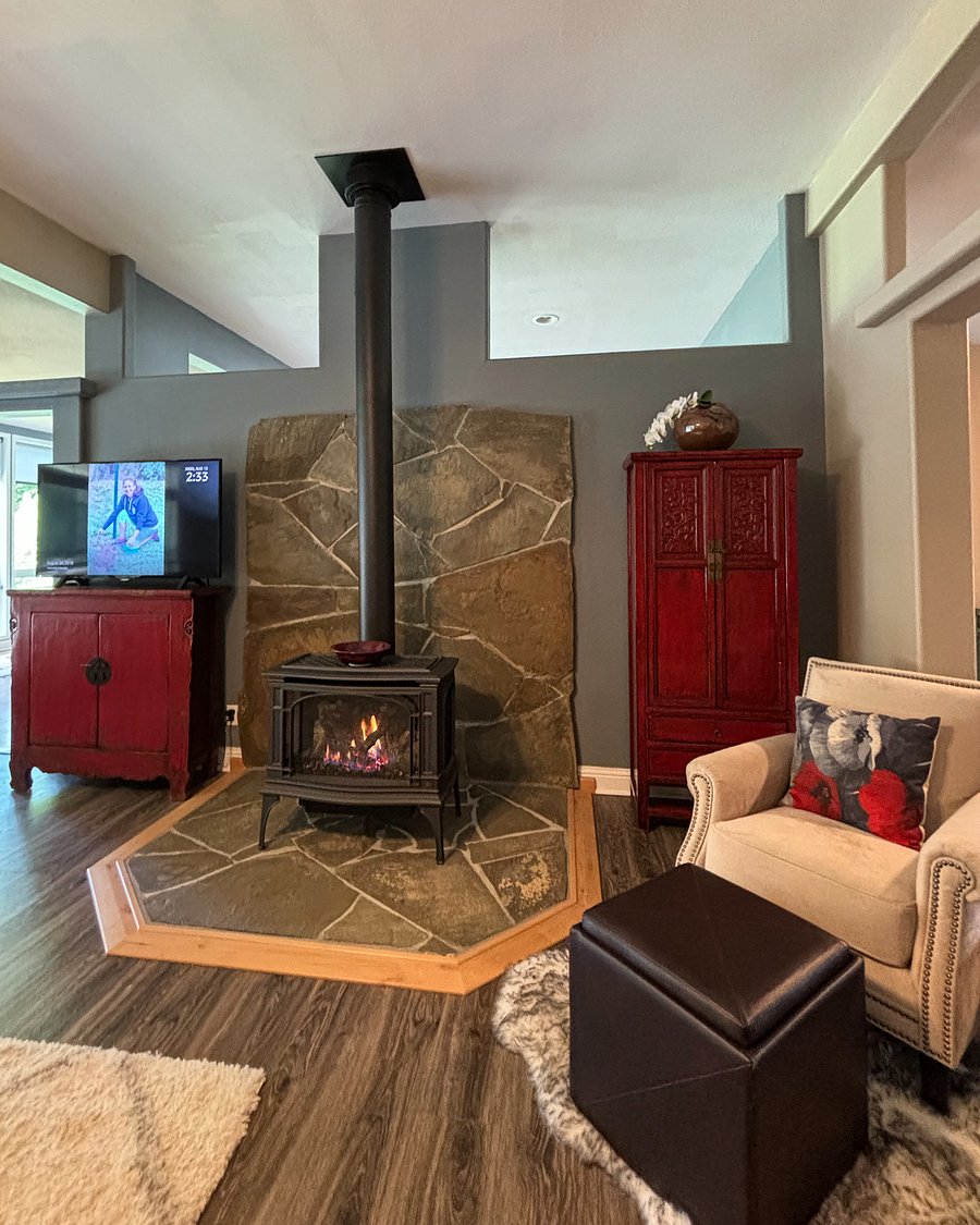 Gas fireplace with custom hearth