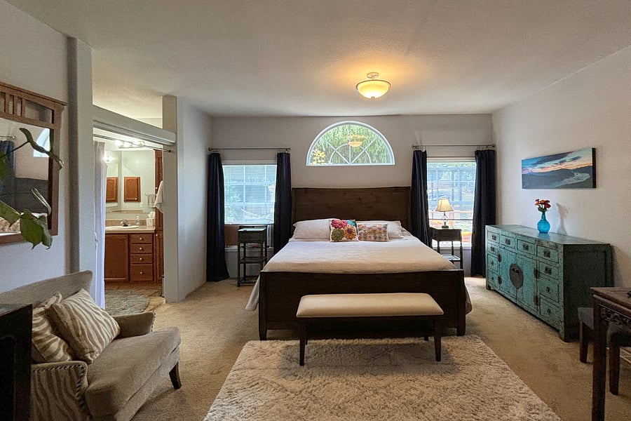 Large master bedroom with king-size bed, Smart TV, and large closet