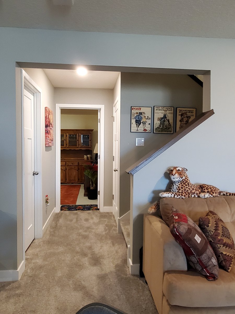 Kitchenette and exercise equipment is to the right after coming downstairs
