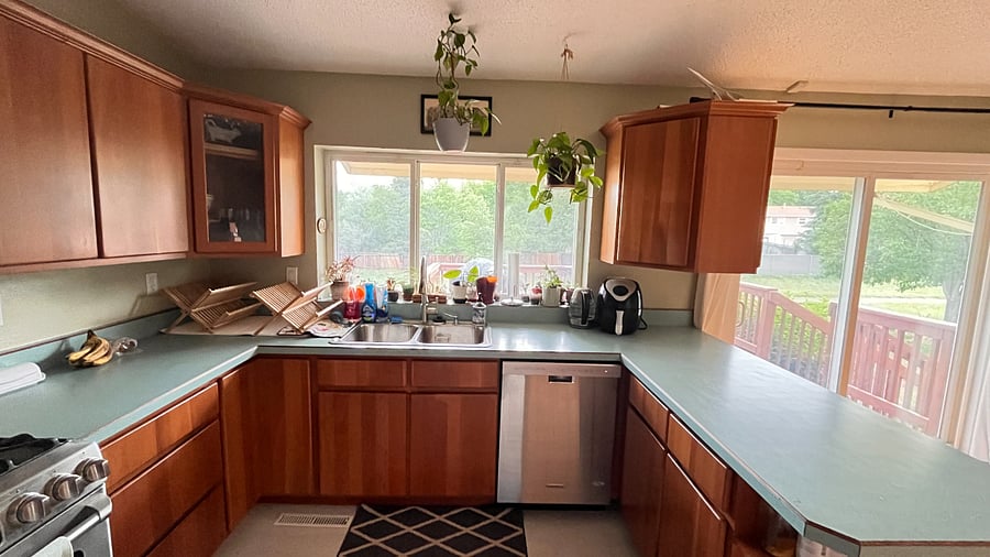 Kitchen sink with a view of the park and Homestead trail, dishwasher, and air fryer