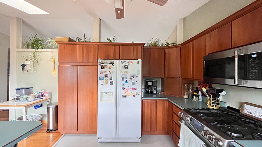 Kitchen pantry, refrigerator, coffee maker, microwave, gas range and electric oven