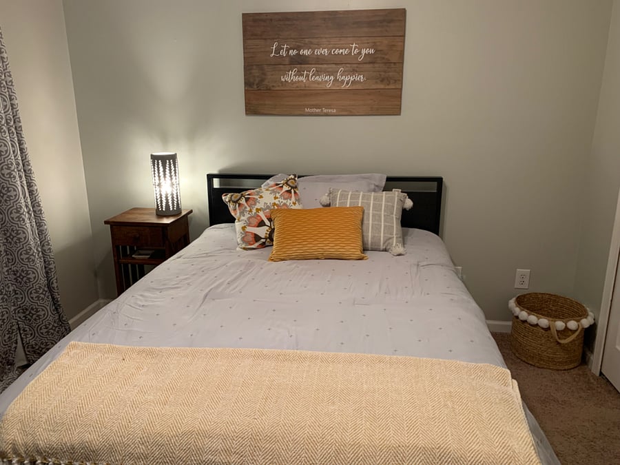 Brand new full mattress. Darken curtains and sound machine for a pleasant nights sleep. Ceiling fan.