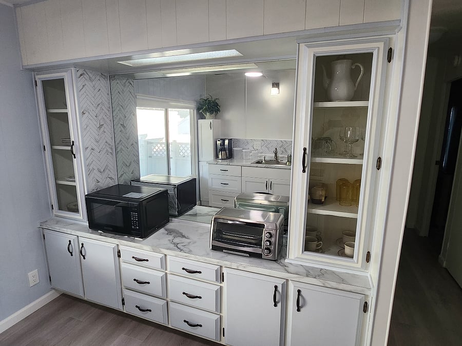 The Buffet with dishies and Air Fryer and Microwave