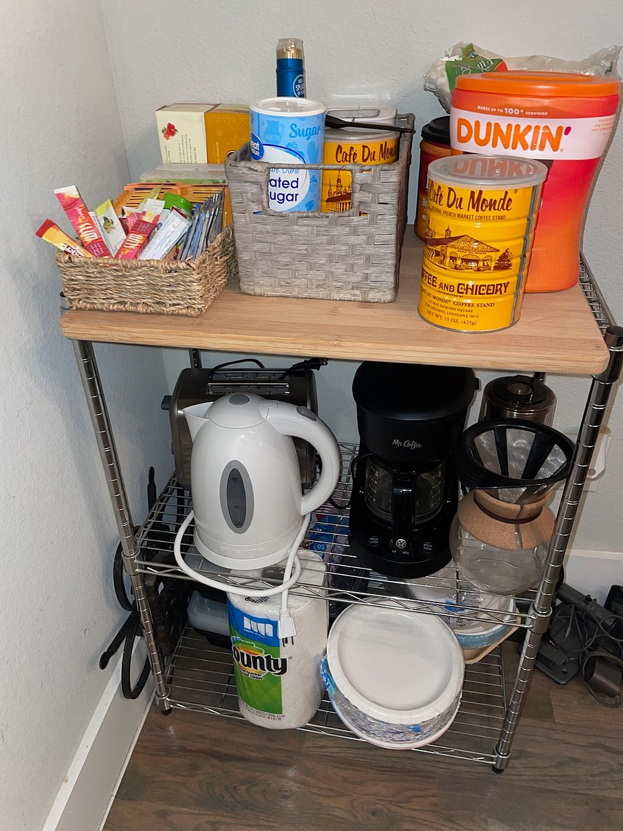 Coffee supplies, toaster, disposable plates/utensils