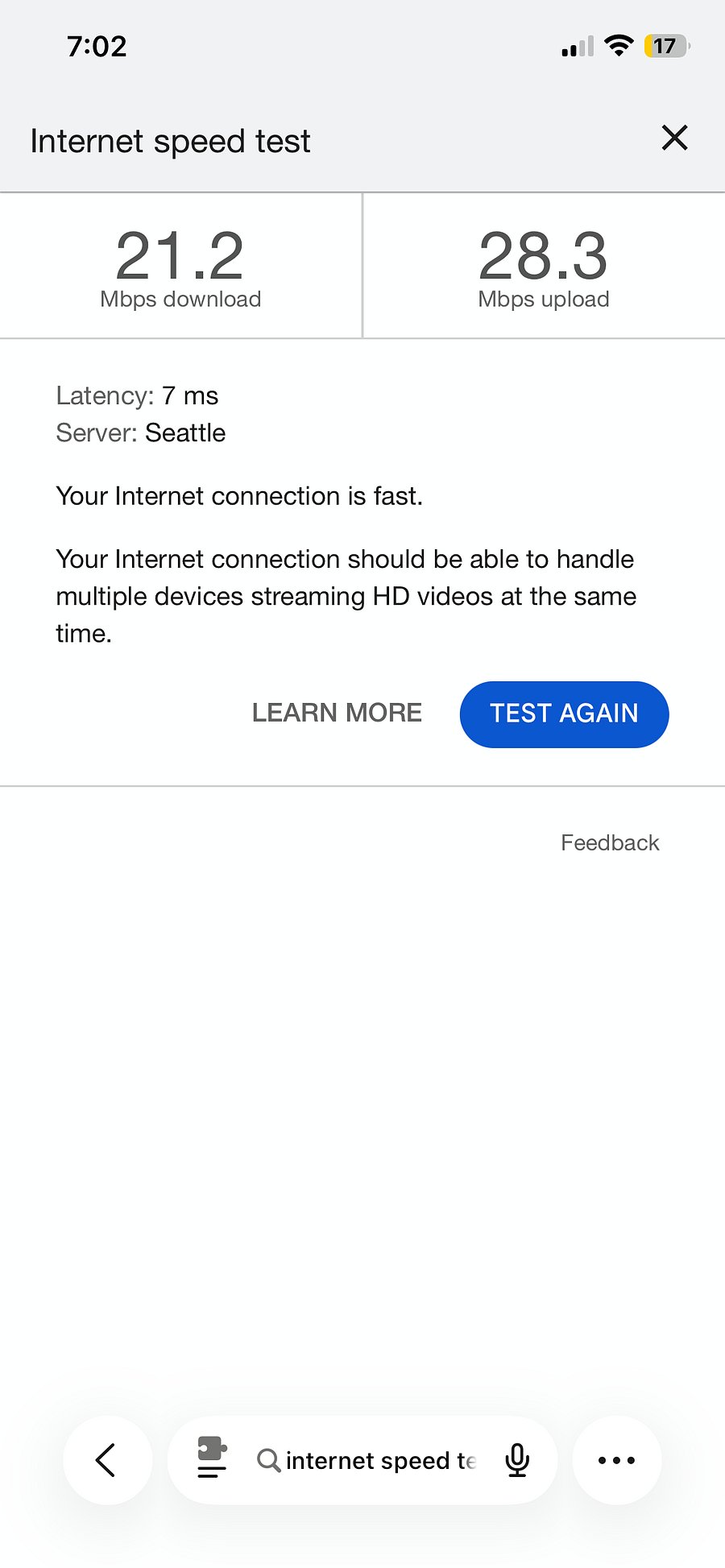 A recent internet speed test done at 7 p.m.