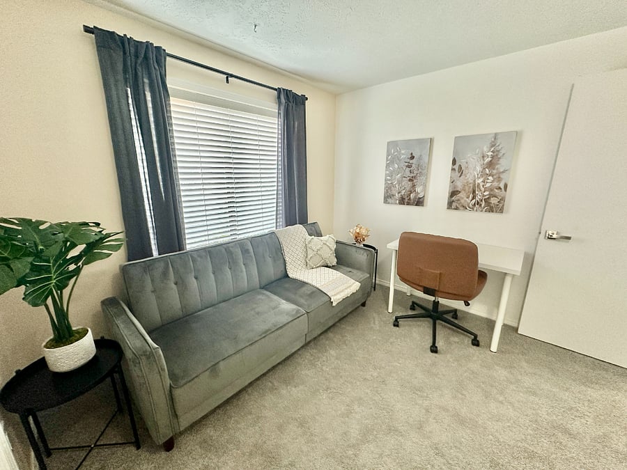 Designated workspace that has a futon couch/bed (full size) and a working desk.